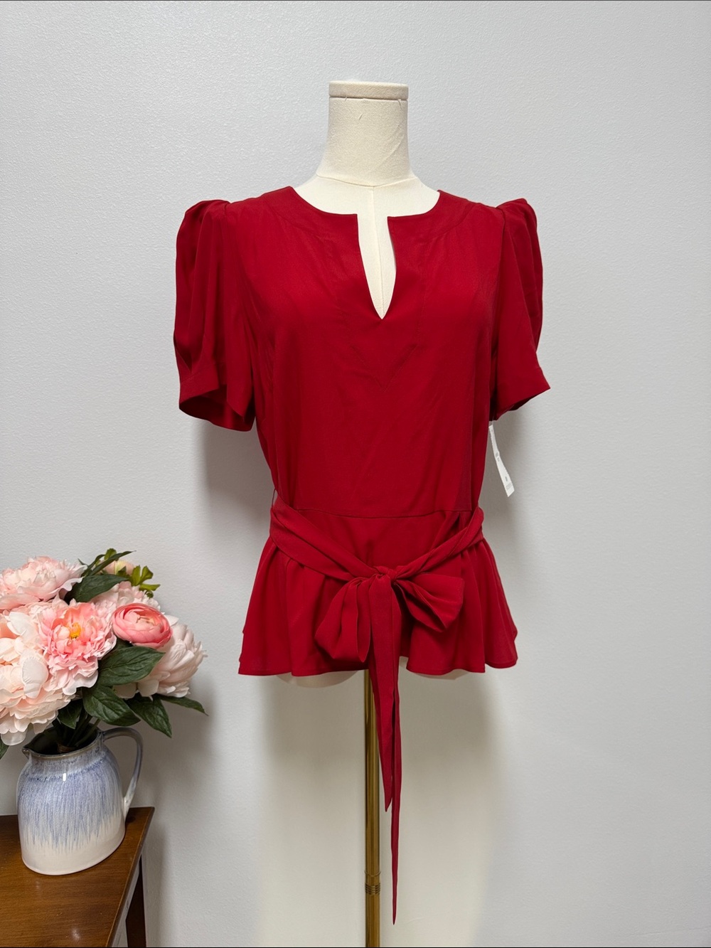 Etcetera Red Tie-Waist Peplum Blouse